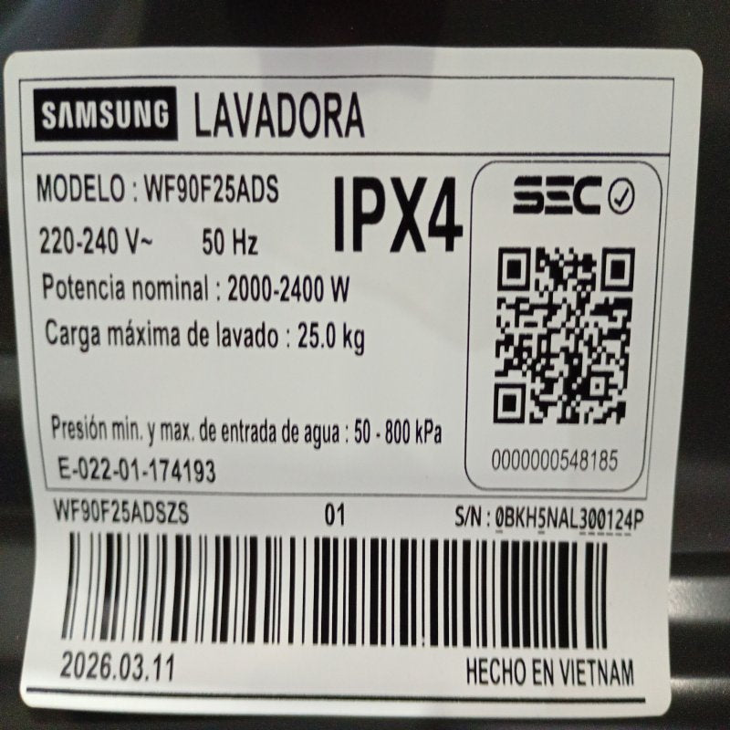 Lavadora Carga Frontal Samsung WF90F25ADS 25 kg