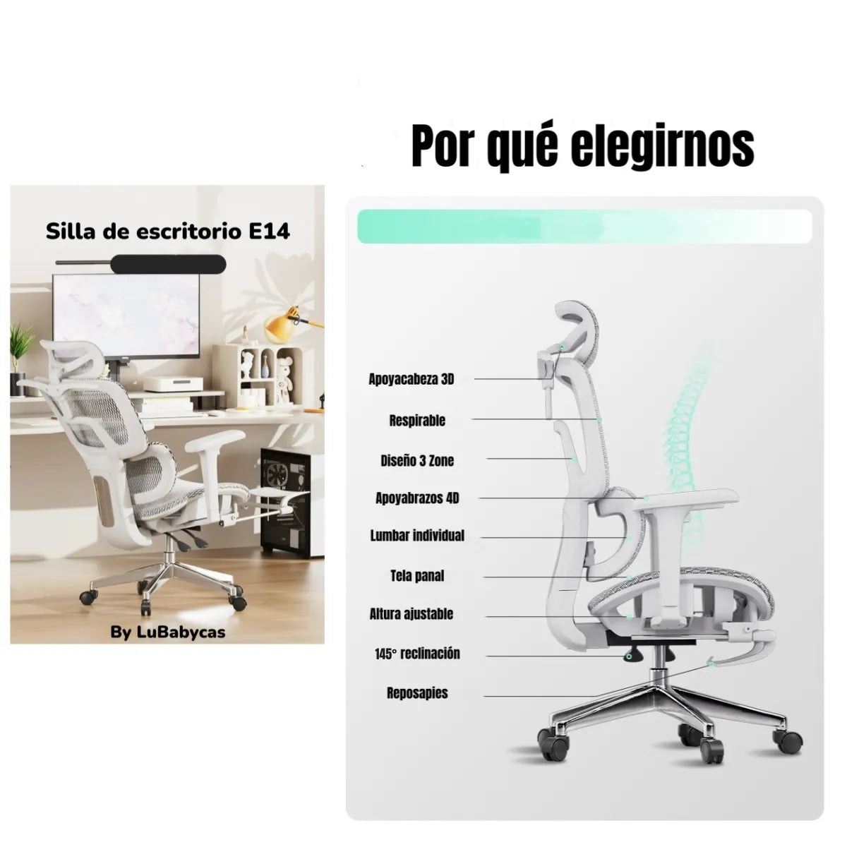 Silla de Escritorio Lubabycas E14 con Apoya Cabeza, Blanco
