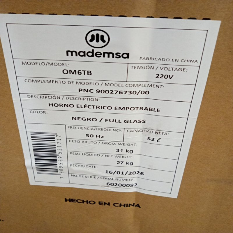 Horno Eléctrico Empotrable Mademsa OM6TB 52 Litros