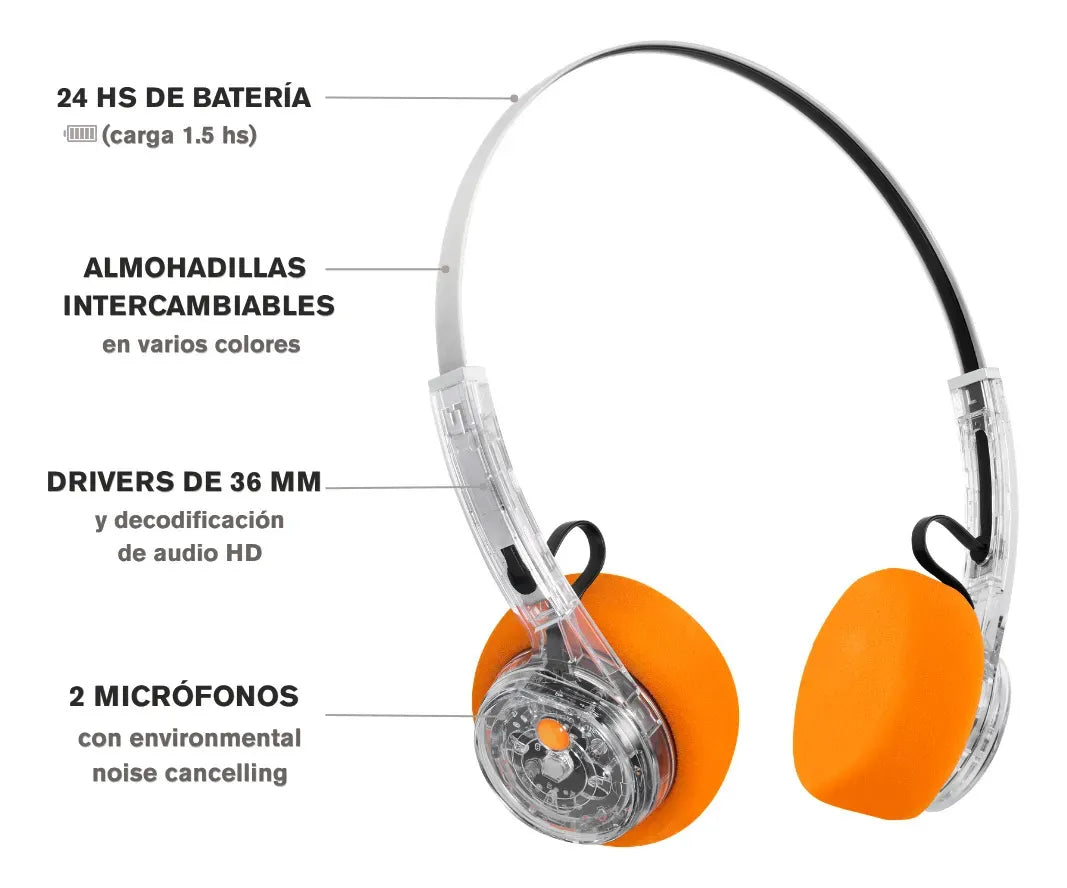 Audífonos Bluetooth Mondo by Defunc Freestyle Transparente Retro 5.3 22H Cristal