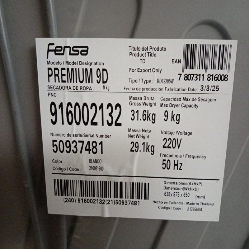 Secadora Fensa Premium Care 9D 9 kg Blanca