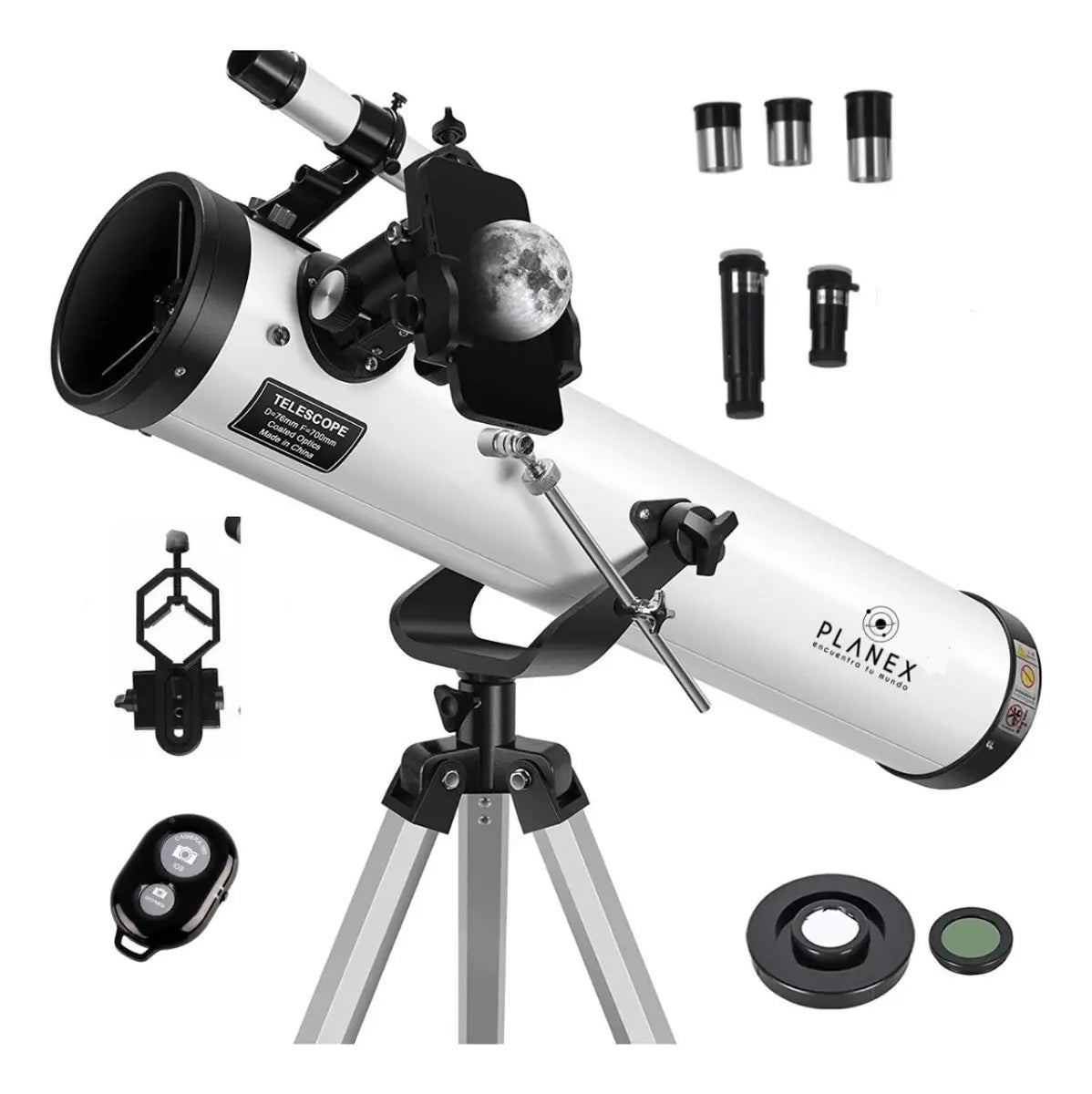 Telescopio Astronómico Newtoniano Planex F70076M + Soporte, Blanco