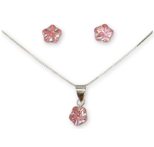 Conjunto Collar+Aros Generico Bañado Plata 925 Colgante Circonica Rosa Femenino