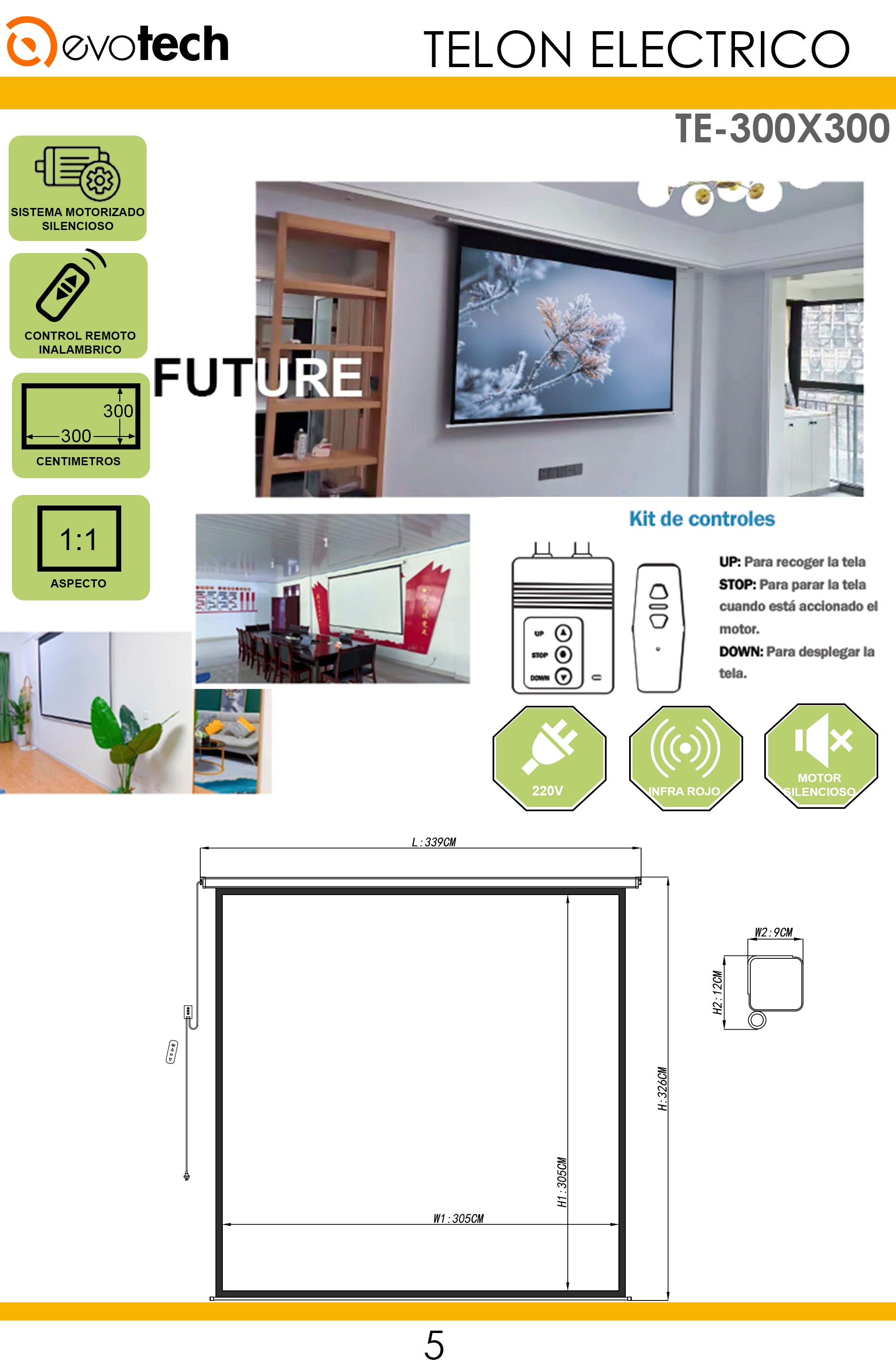 Telón Eléctrico con Control Remoto Evotech 300x300cm