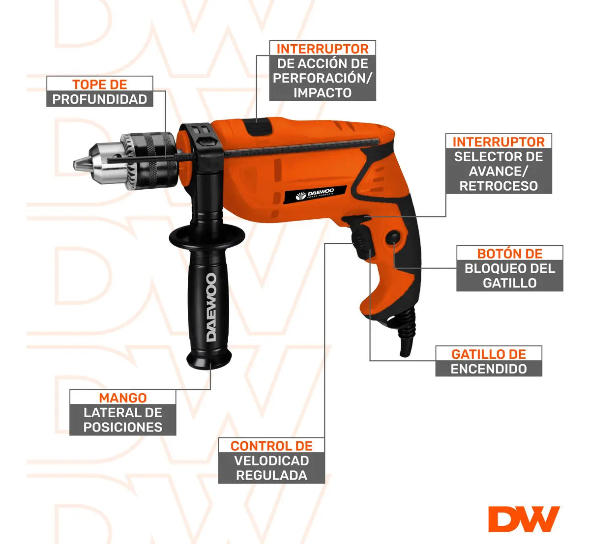 Taladro de Impacto Daewoo DAID550BX 550W 3300RPM, Anaranjado