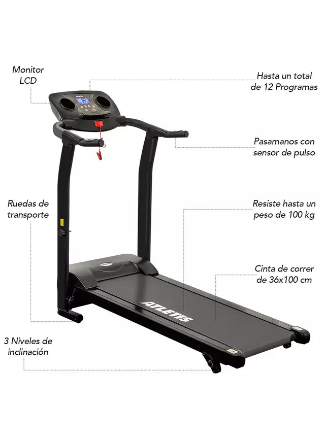 Trotadora Plegable Atletis M200 Inclinación 3 Niveles 12 km/h, Negro