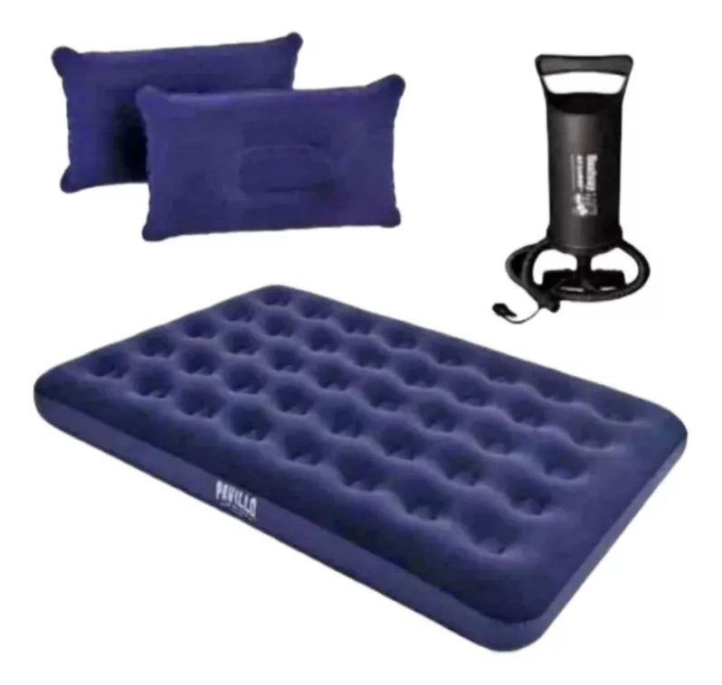 COLCHÓN INFLABLE 2 PLAZAS + INFLADOR + 2 ALMOHADAS BESTWAY