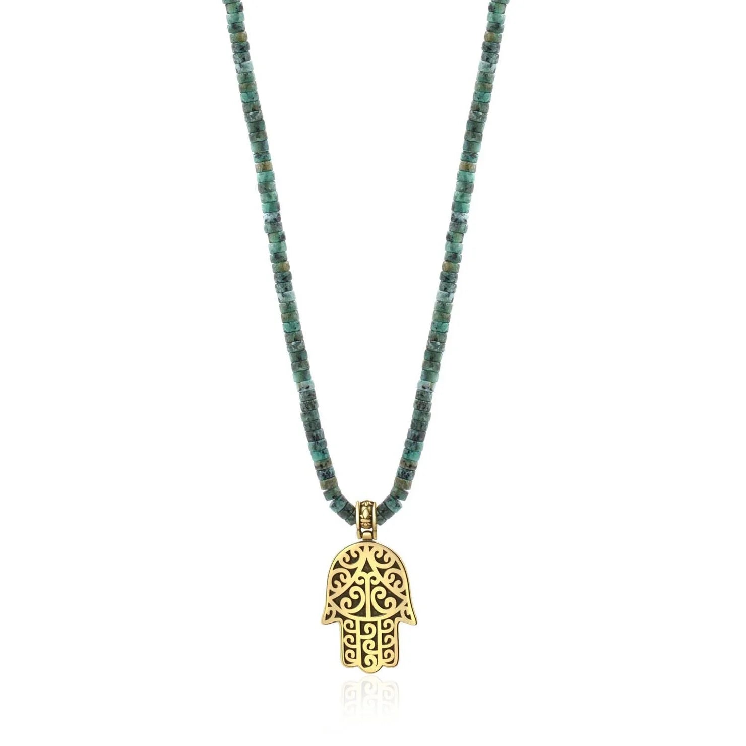 Collar de piedras naturales de jade africano y colgante de mano hamsa