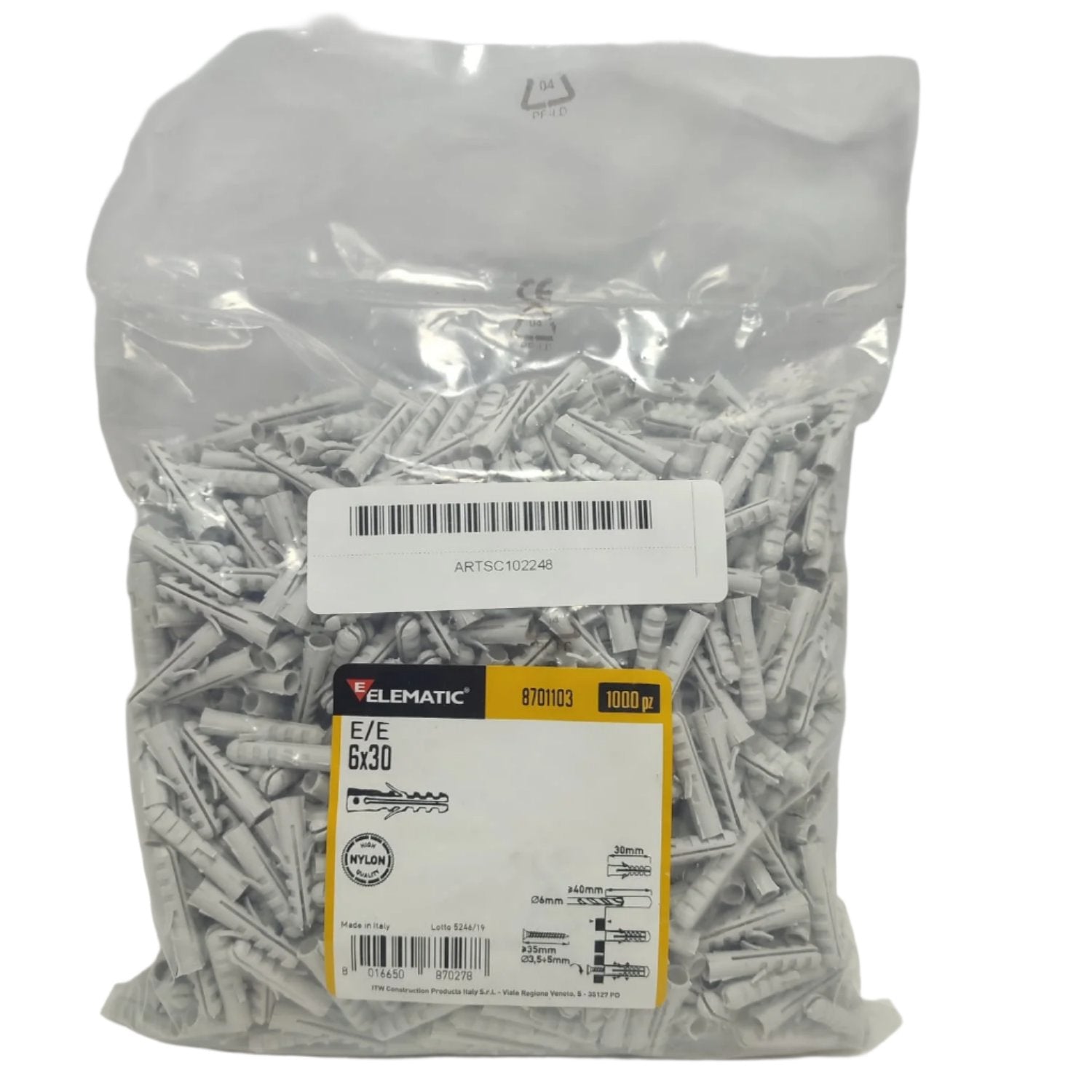 Tarugo De Expansión Nylon Elematic 8701103 E/E 6X30 Gris 1000 Unidades