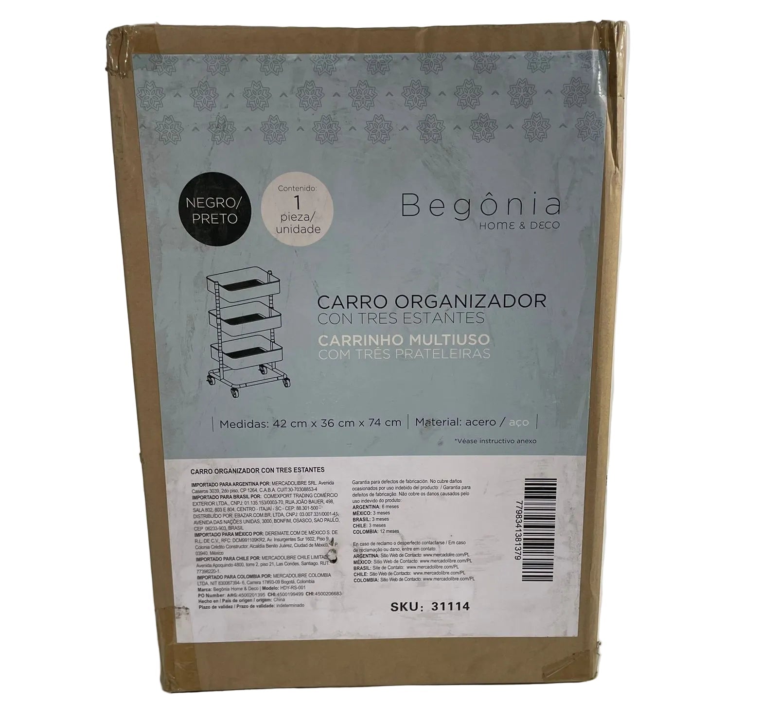 Carro Organizador Begonia 3 Niveles Multiuso Negro