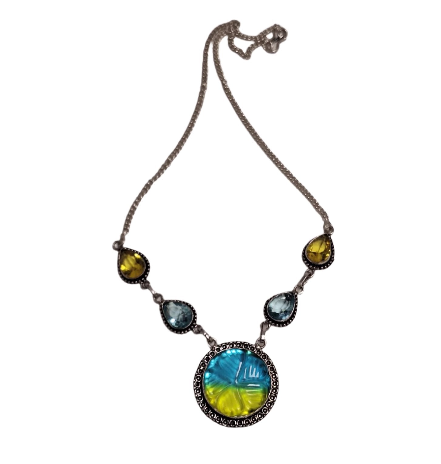 Collar De Plata Petalo Flores India Cuarzo Ahumado Amarillo/Azul