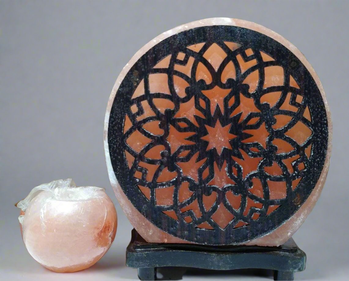 Lampara sal mándala grande + PORTA VELAS DE SAL REDONDO