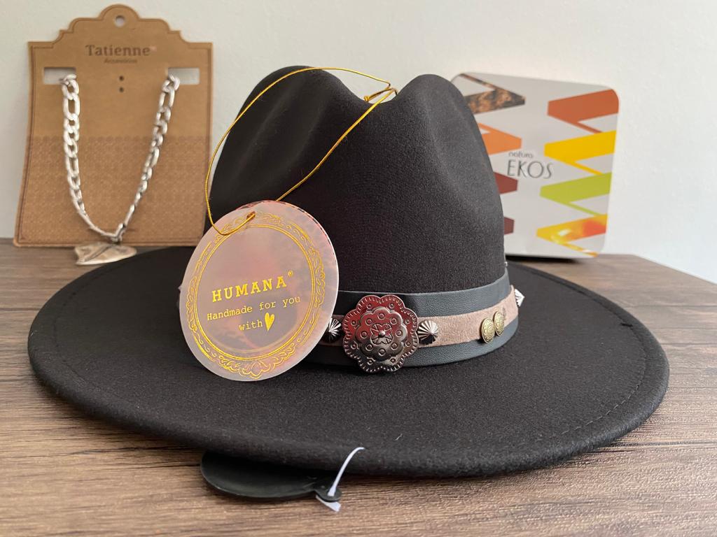 SET REGALO AMIGO SECRETO 16 SOMBRERO HUMANA -COLLAR TATIENNE - CAJA METALICA NATURA FEMENINO