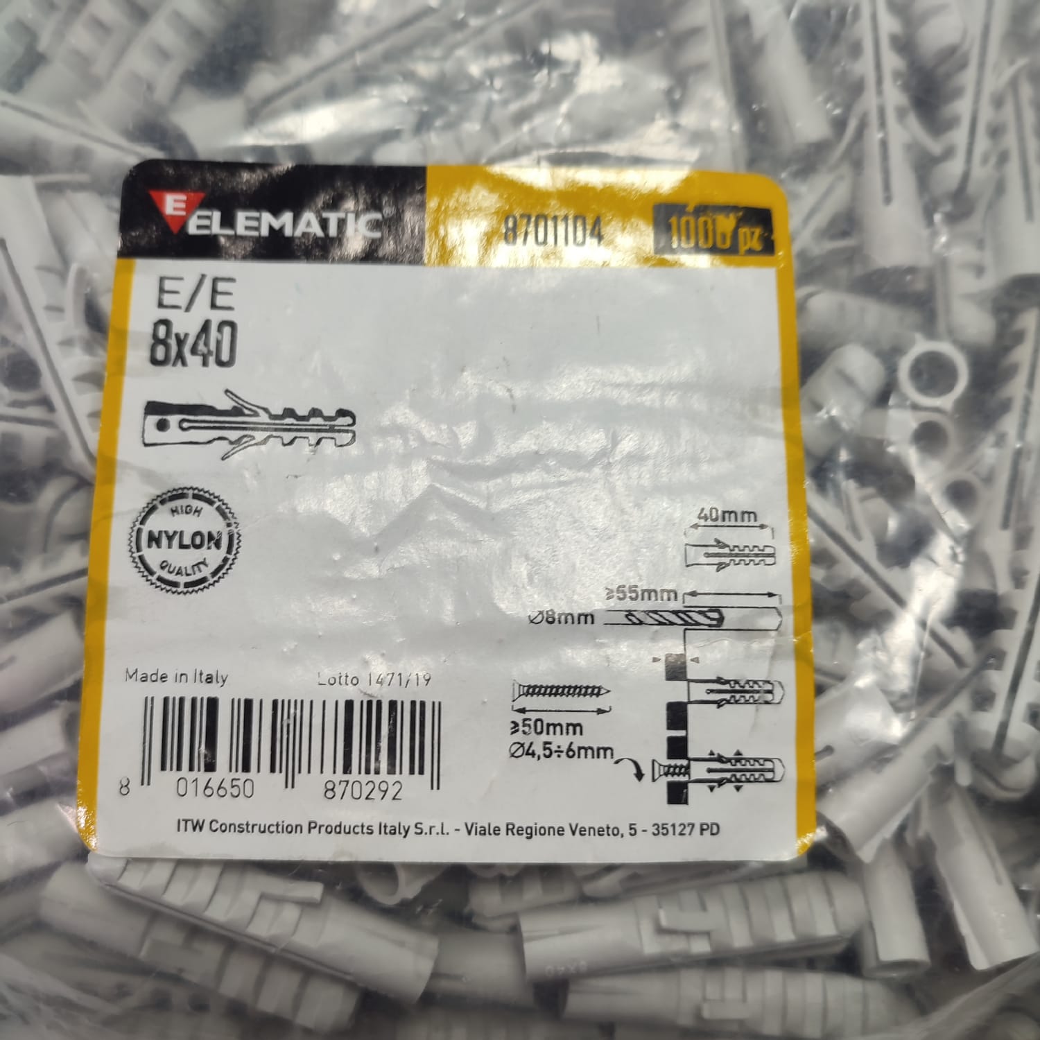 Tarugo de Expansión Nylon Elematic 8701104 E/E 8x40 Gris 1000 unidades