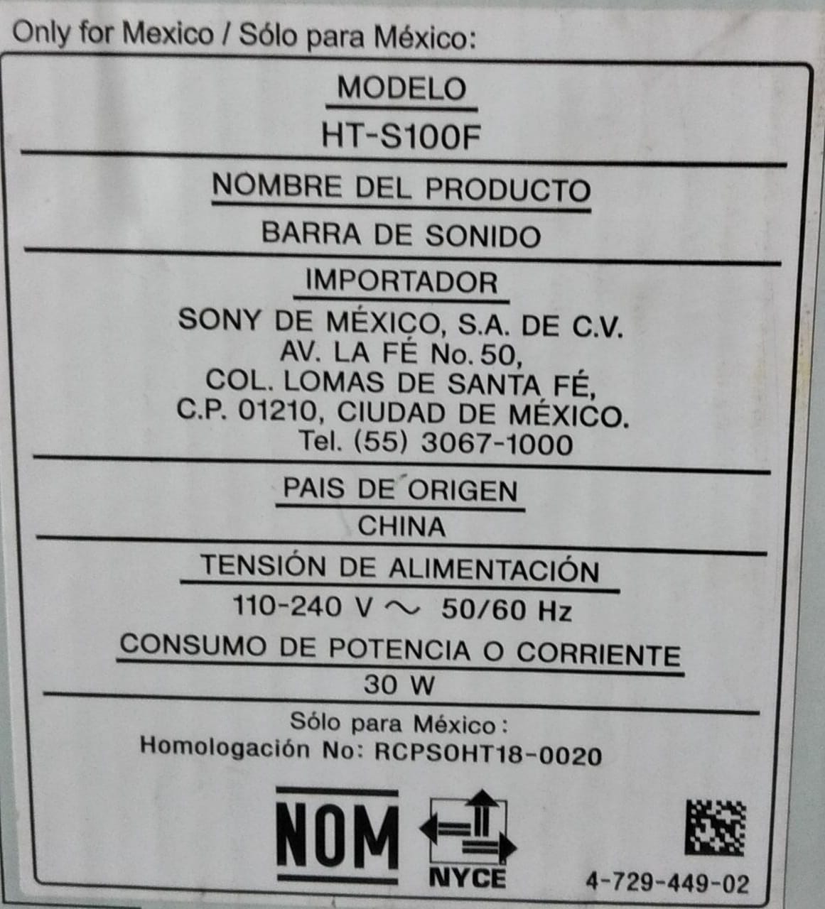 Barra De Sonido Sony Ht-S100f 110-240v - 50/60hz