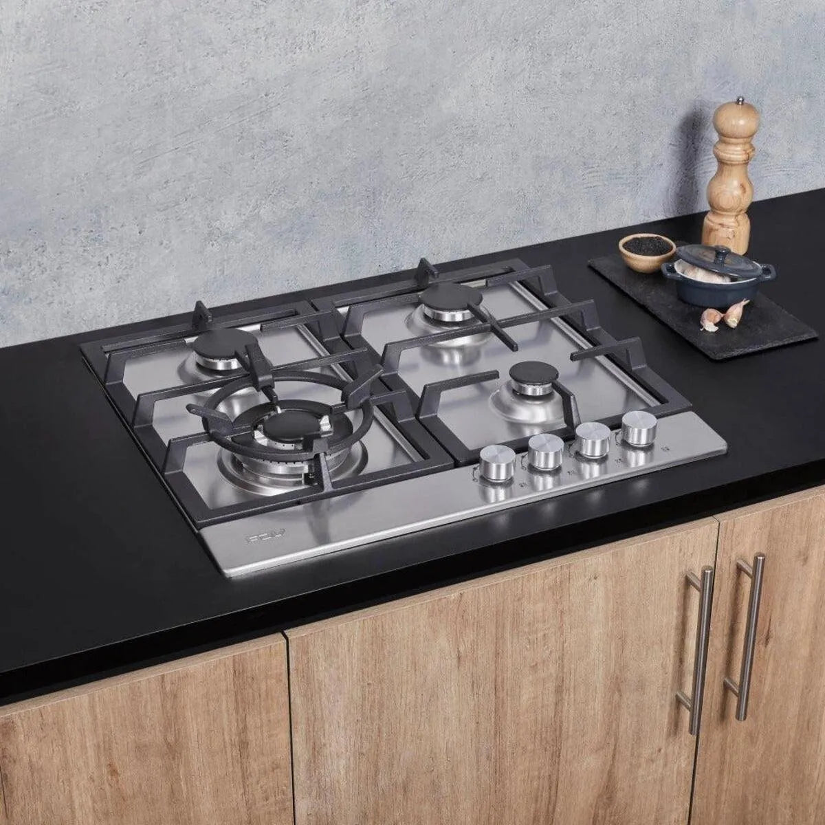Encimera de Gas Empotrable FDV Design 60 cm 4 Quemadores (1 Triple Corona) Gris