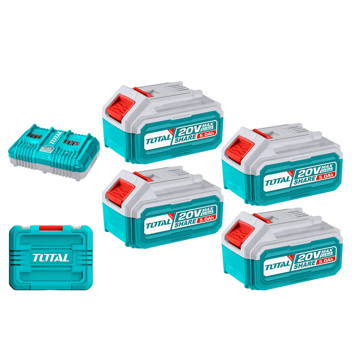 Pack 4 Baterías 20V 4Ah + Cargador Doble + Maleta Total TFBCLI20244