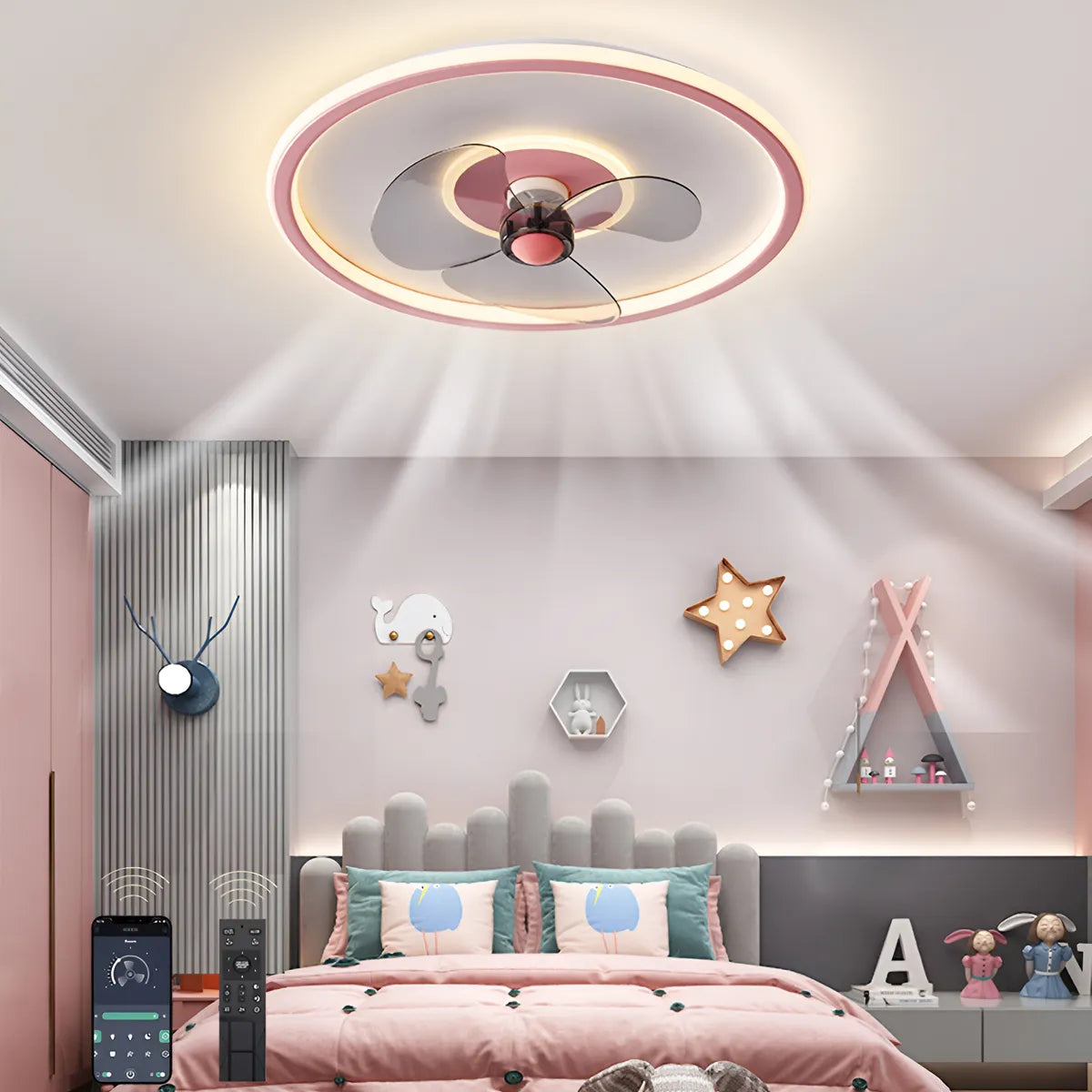 Ventilador de Techo con Lampara LED 2 en 1 Control Remoto - Rosa Claro