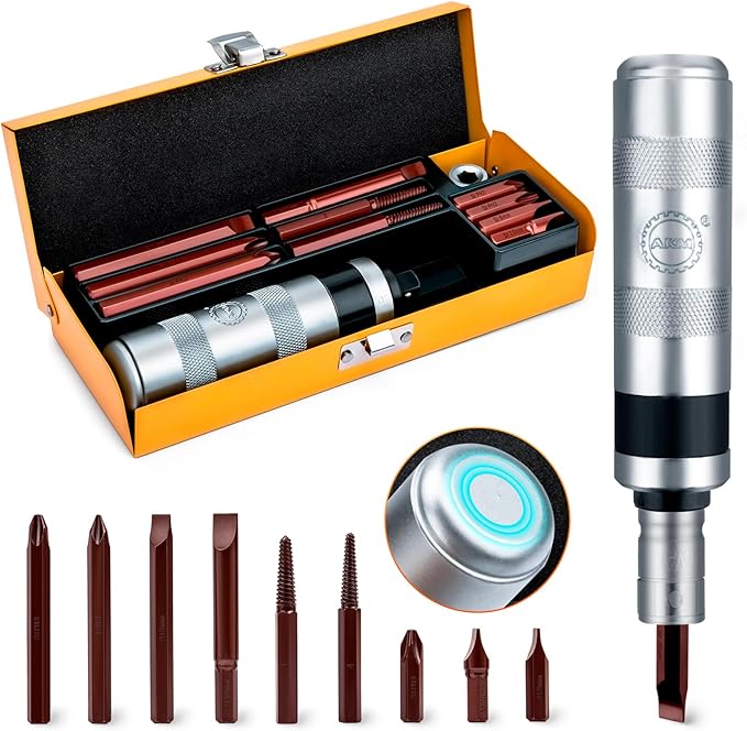 Juego de Destornillador de Impacto Reversible AKM 3/8'' con 12 Piezas y Extractor, Acero S2