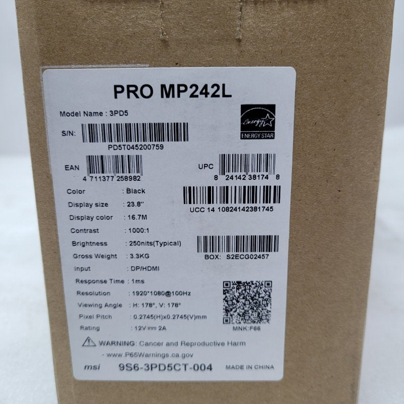 Monitor Pro Msi Mp242l 23.8 Pulgadas 1920x1080p