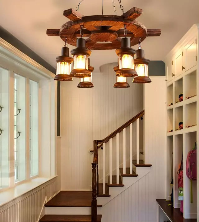Lampara Colgante Decorativa de Madera con 6 Faroles en Estilo Timón Rustico Marrón