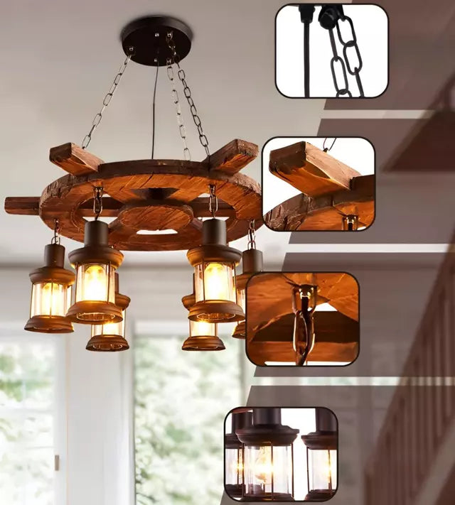 Lampara Colgante Decorativa de Madera con 6 Faroles en Estilo Timón Rustico Marrón