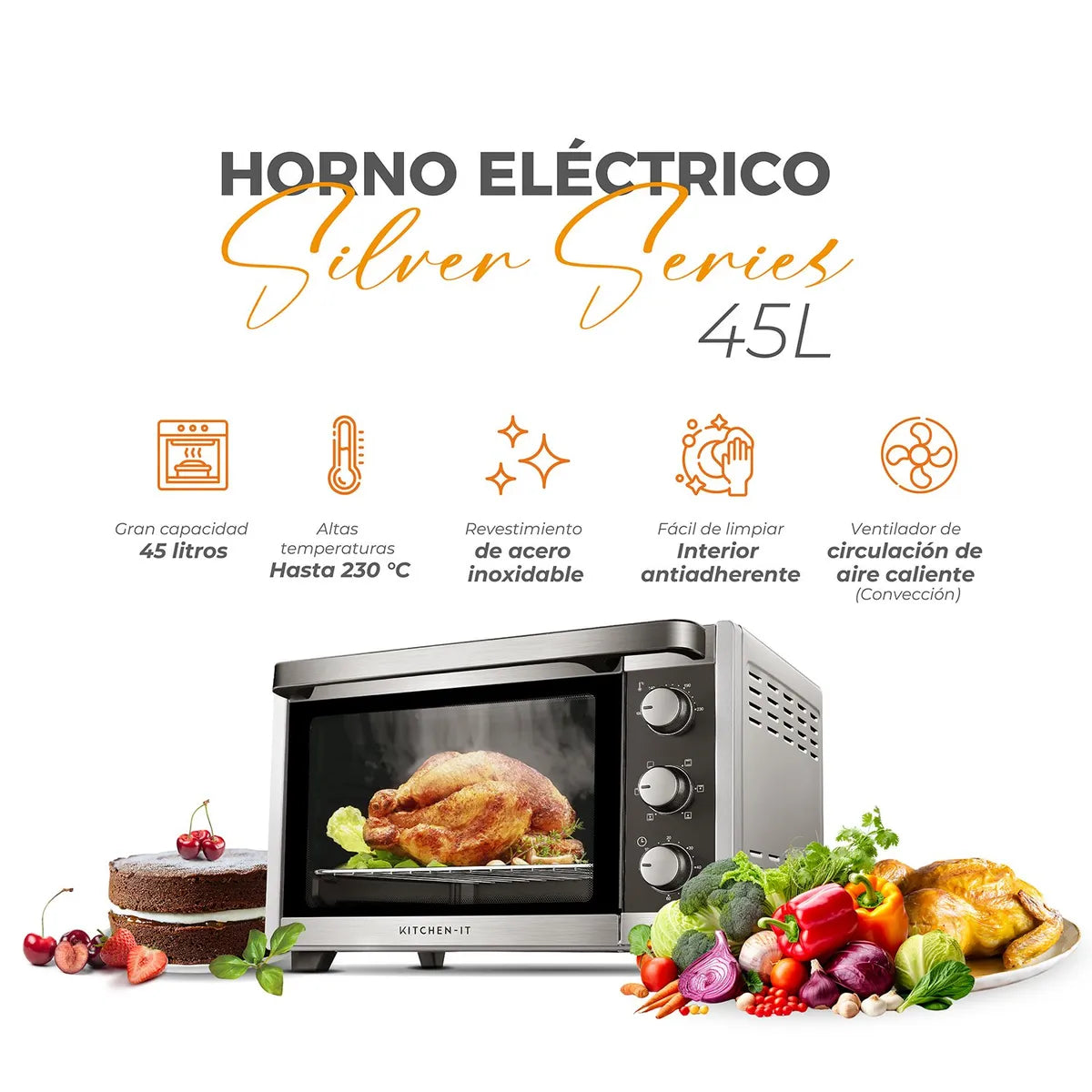 Horno Eléctrico Kitchen-It Silver Series 45 Litros