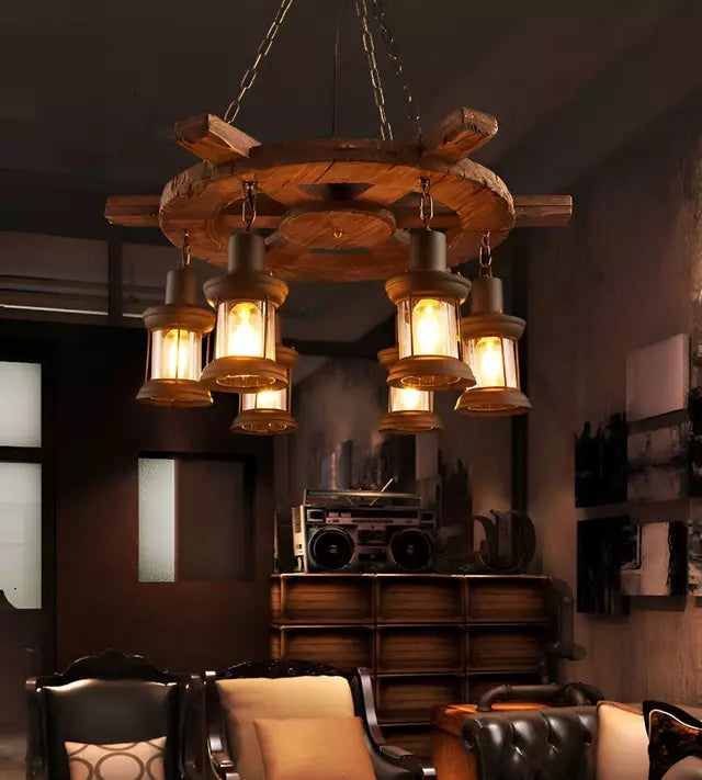 Lampara Colgante Decorativa de Madera con 6 Faroles en Estilo Timón Rustico Marrón