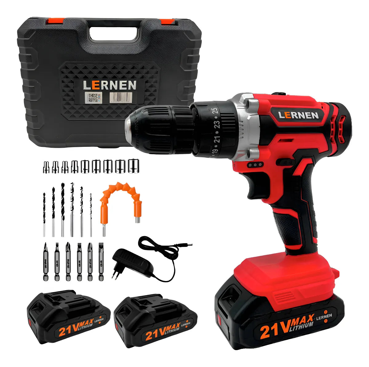 Kit Taladro Percutor Inalámbrico Lernen Destornillador 21v +2 Baterías Rojo