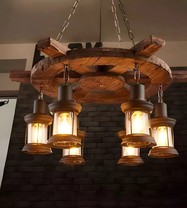Lampara Colgante Decorativa de Madera con 6 Faroles en Estilo Timón Rustico Marrón