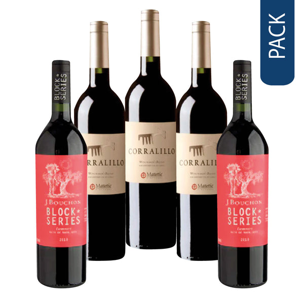 Pack 5 vinos corralillo matetic + j bouchon block series carmenere 2018