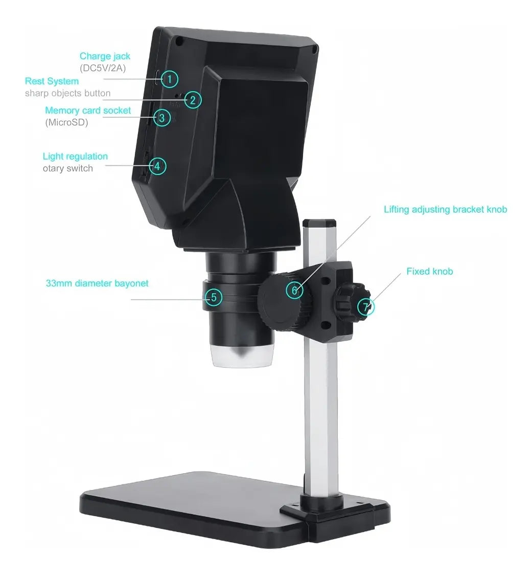 Microscopio Electrónico Académico con Pantalla LCD HD 4.3" y Aumento 1000X, Negro