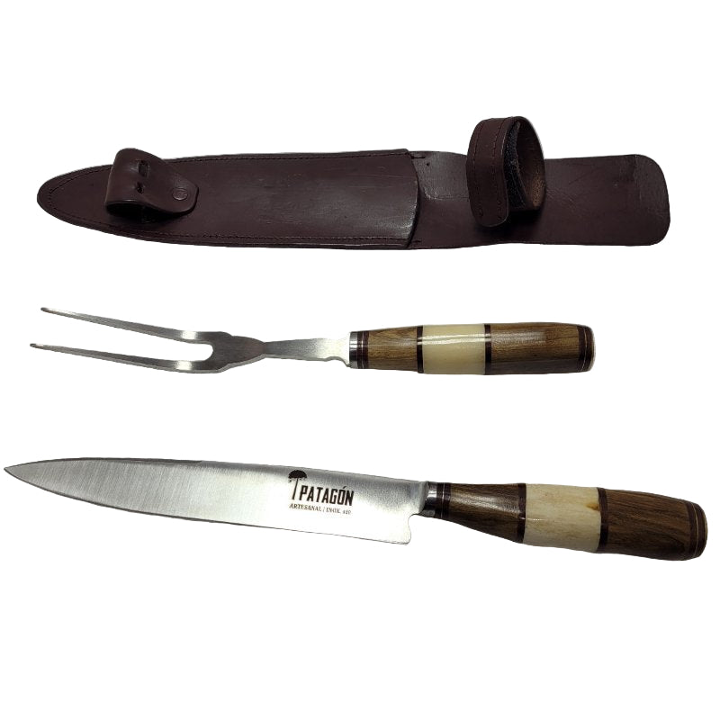 Juego De Cuchillo Y Tenedor Artesanal Inox 420 Patagon Parrillero Artesanal Hueso Madera Hoja 20 Cm