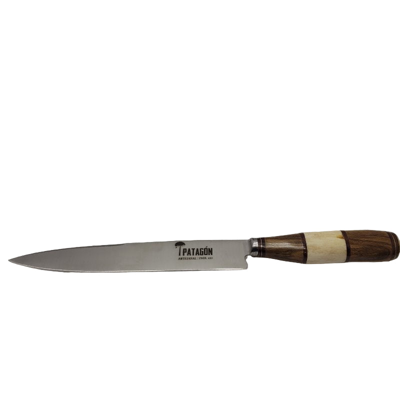 Juego De Cuchillo Y Tenedor Artesanal Inox 420 Patagon Parrillero Artesanal Hueso Madera Hoja 20 Cm