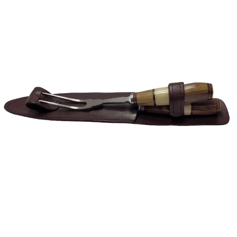 Juego De Cuchillo Y Tenedor Artesanal Inox 420 Patagon Parrillero Artesanal Hueso Madera Hoja 20 Cm