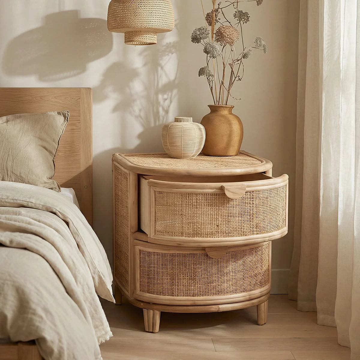 Velador de Rattan con Cajones Santú Home & Deco – Mesa de Noche 2 Cajones