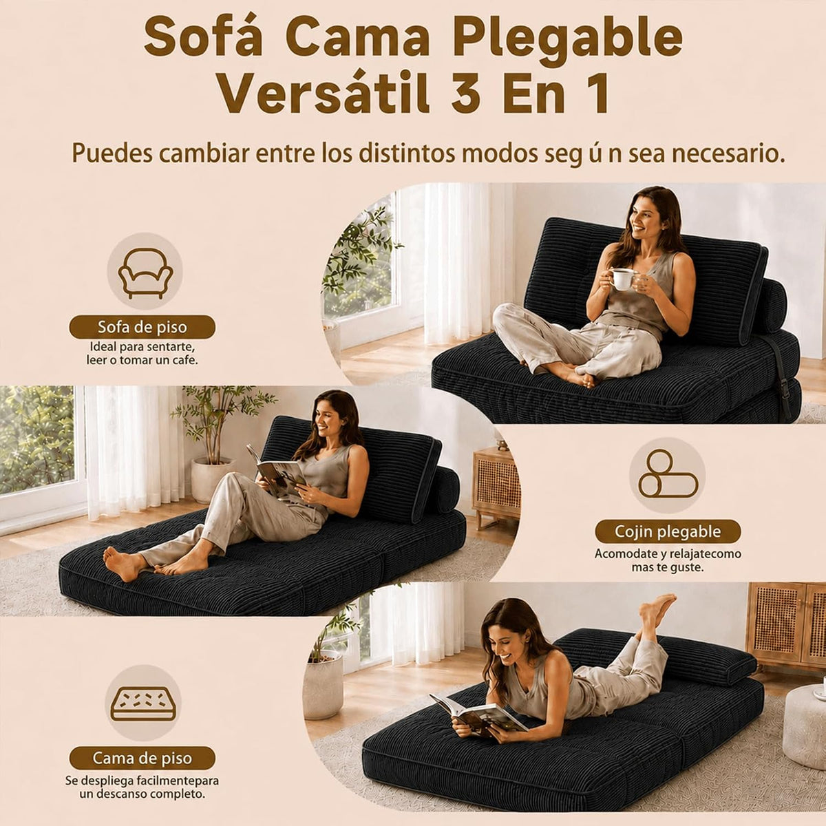 Sofá Cama Plegable 3 en 1 Supine Home ZL033 Individual, Negro