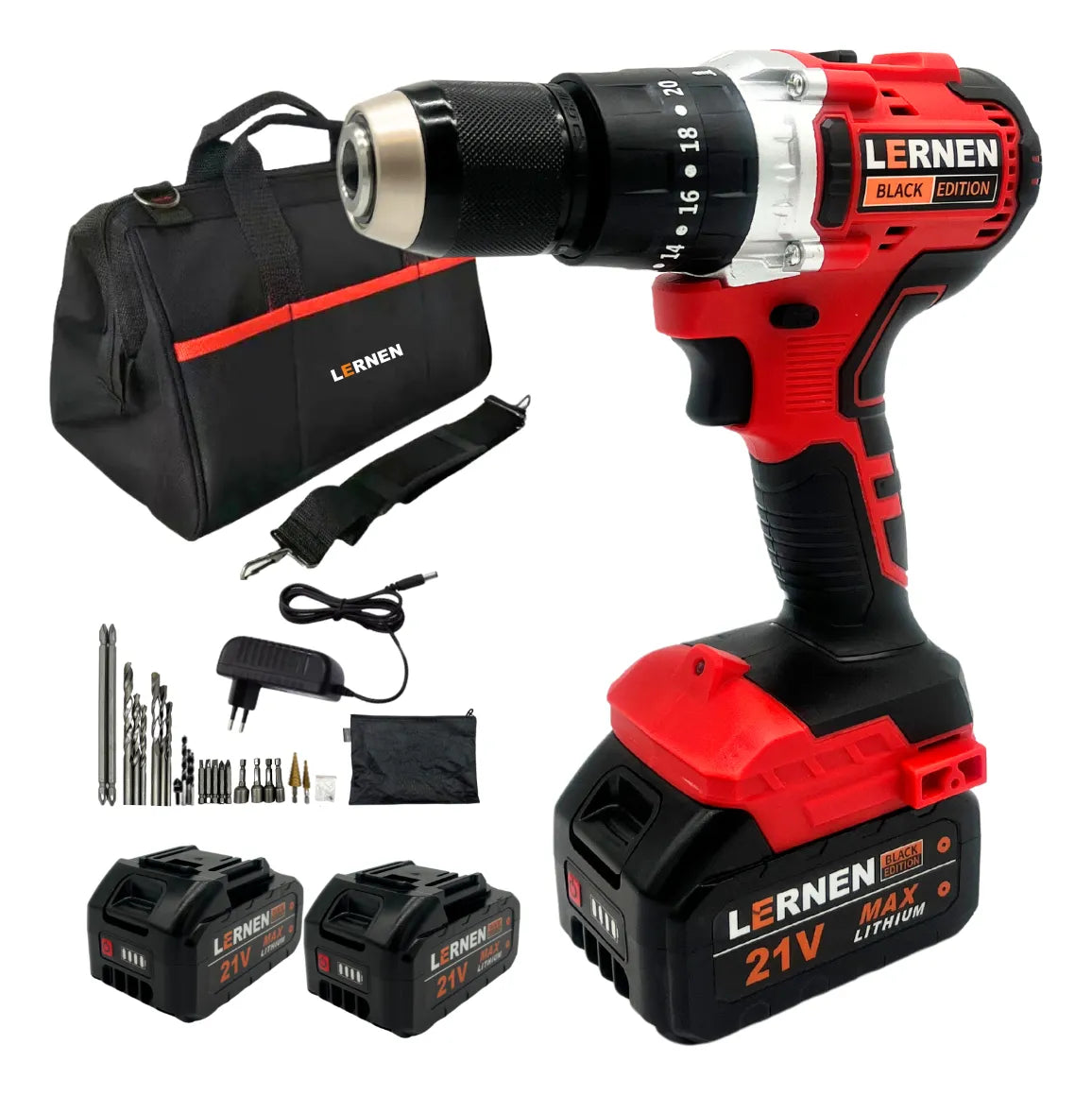 Taladro Percutor + Bolso + Accesorios +2 Bateria Lernen Brushless Black Edition Rojo/Negro 5