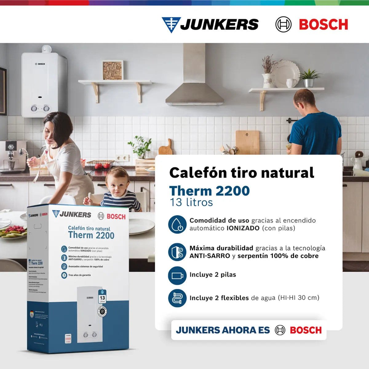 Calefón a Gas Natural Bosch Therm 2200 13 Litros, Blanco