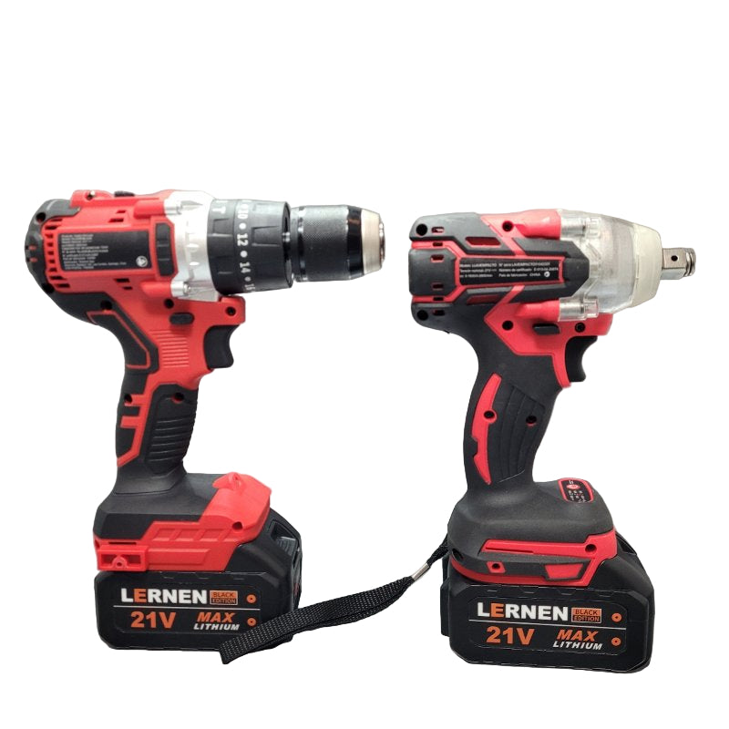 Kit Taladro + Llave  De Impacto Lernen 2 Baterías Rojo