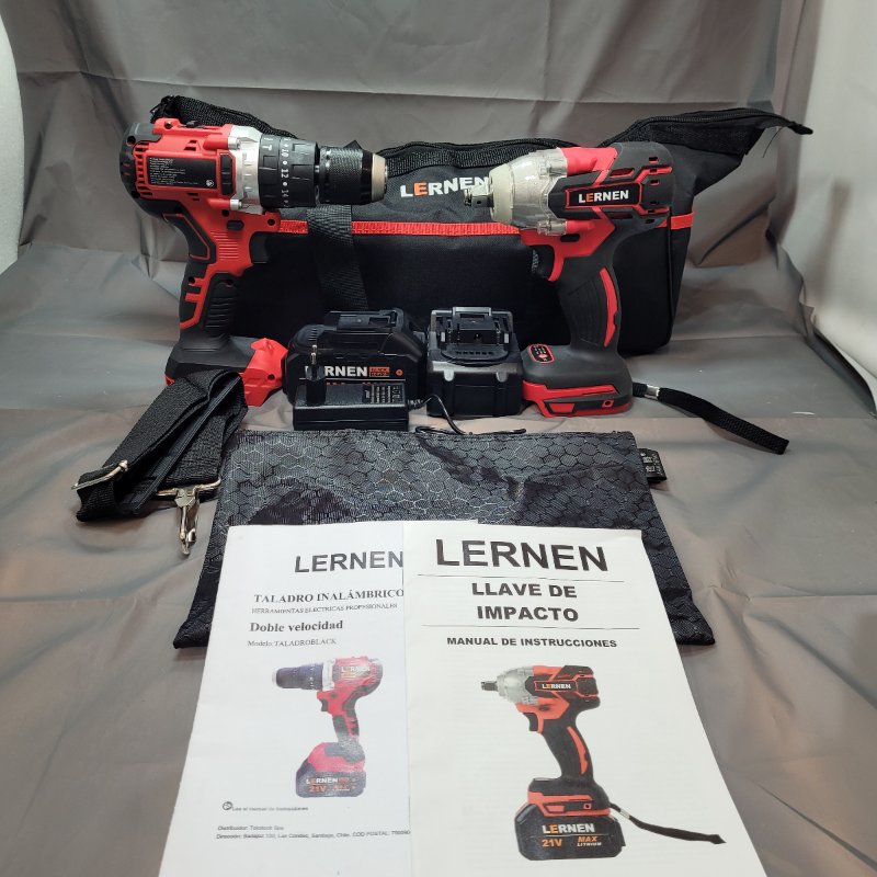 Kit Taladro + Llave  De Impacto Lernen 2 Baterías Rojo