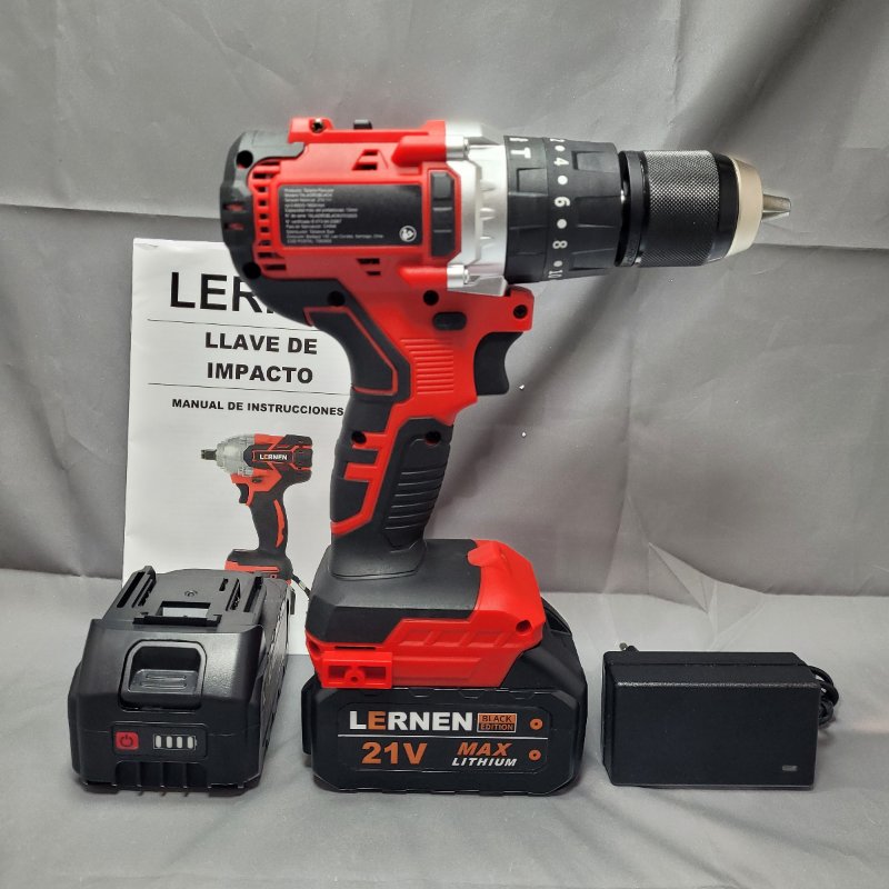 Taladro Percutor + Bolso + Accesorios +2 Bateria Lernen Brushless Black Edition Rojo/Negro 5