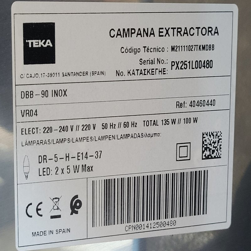Campana Decorativa Mural Teka Dbb 90 Inox Gris 90x47x48 Cm