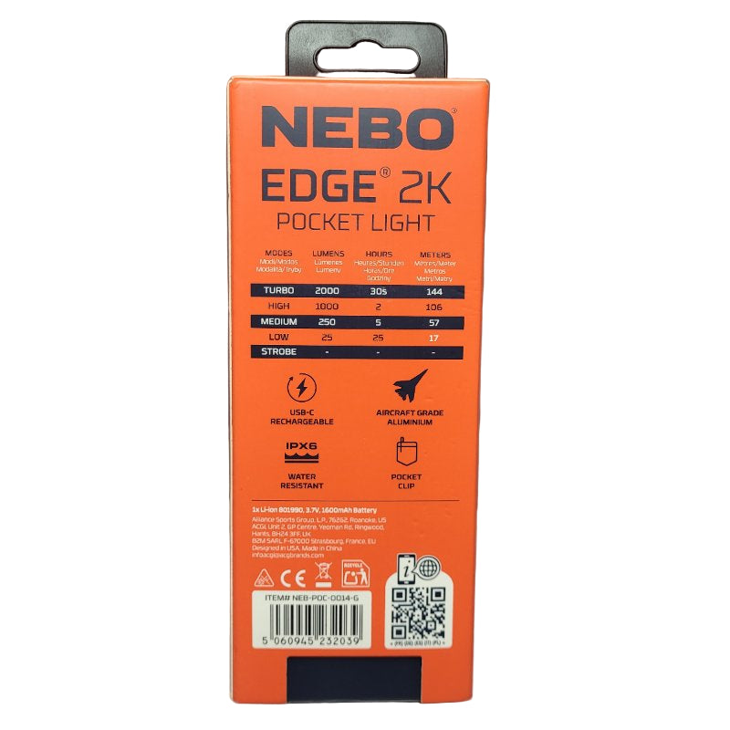 Linterna Tactica Recargable Nebo Edge 2k De Bolsillo Black 2000 Lumenes