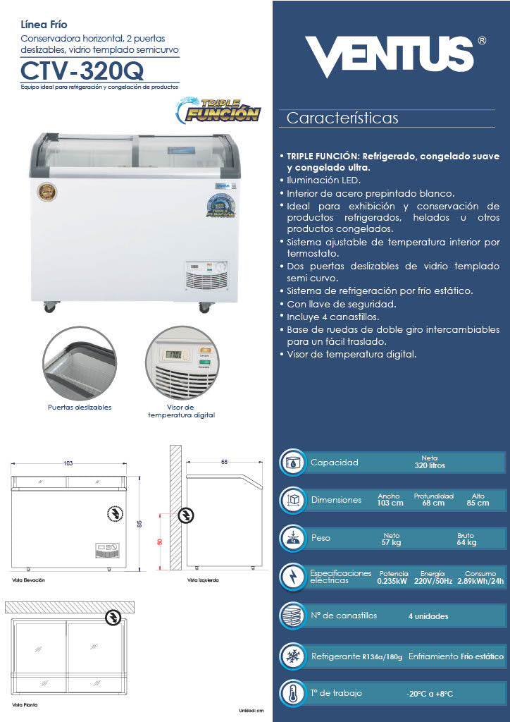 Conservadora Tapa De Vidrio Curvo Ventus Ctv-320Qe Blanco 320 Lts