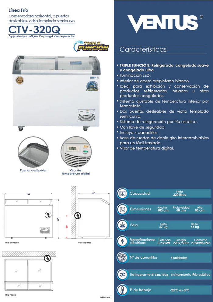 Conservadora Tapa De Vidrio Curvo Gas Ecológico Ventus Ctv-320Qe Blanco 320 Lts