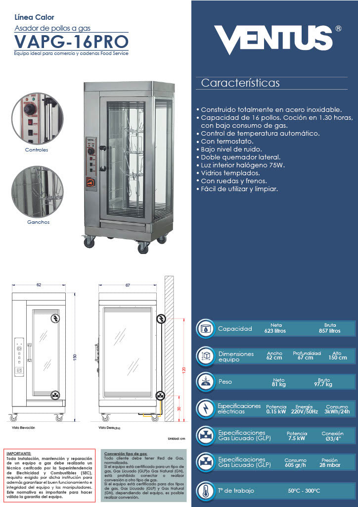 Asador de pollos a gas ventus vapg-16pro inox 857 lts