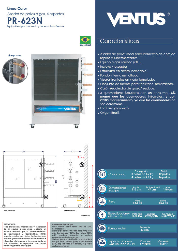 Asador De Pollo 4 Quemadores Tubular Ventus Pr-623N Negro