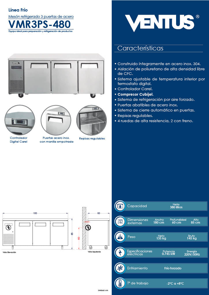 Meson Refrigerado 3 Puertas Ventus Vmr3Ps-480 Inox 380 Lts