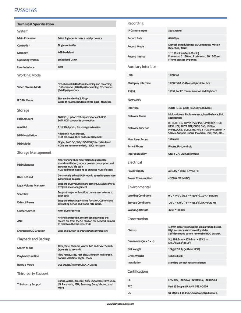 Almacenamiento De Video Integrado Dahua Evs5016S
